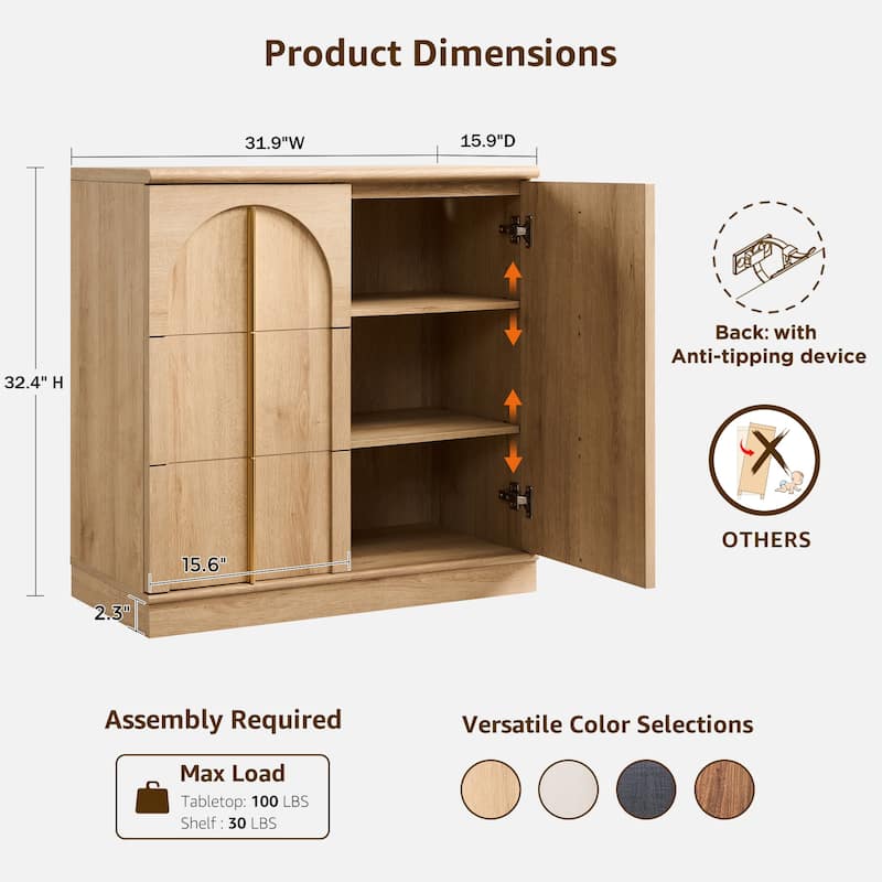 Buffet Cabinet with Arched Doors, Wood Sideboard with Adjustable Shelf