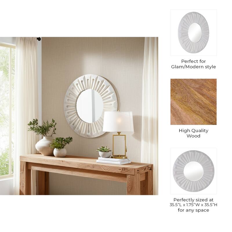 Wood Wall Mirror Modern Round Sculptured Carved Frame - 35" Ivory - 35.5" x 1.75" x 35.5"