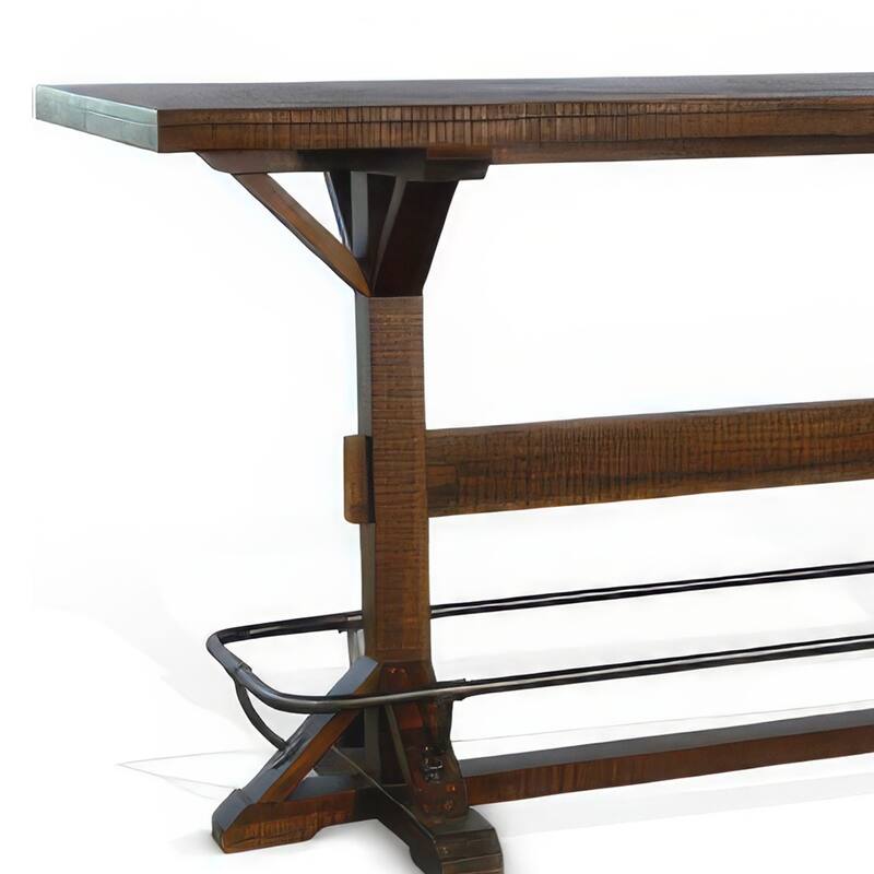 Flint Pub Bar Table, Black Metal Foot Rail, 78 Inch, Dark Brown Wood