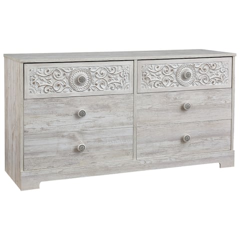 6 Drawer Wood Dresser with Floral Carving and Medallion Pulls, Washed White
