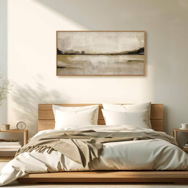 Abstrcat Mountain Lake Wall Decor, Neutral Tan Scenery Wall Painting
