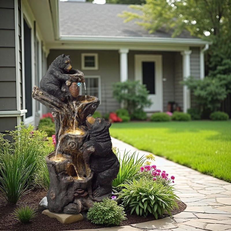 Vbal Resin Bears and Honeycomb 4-Tier water extraction Outdoor Fountain with LED Light