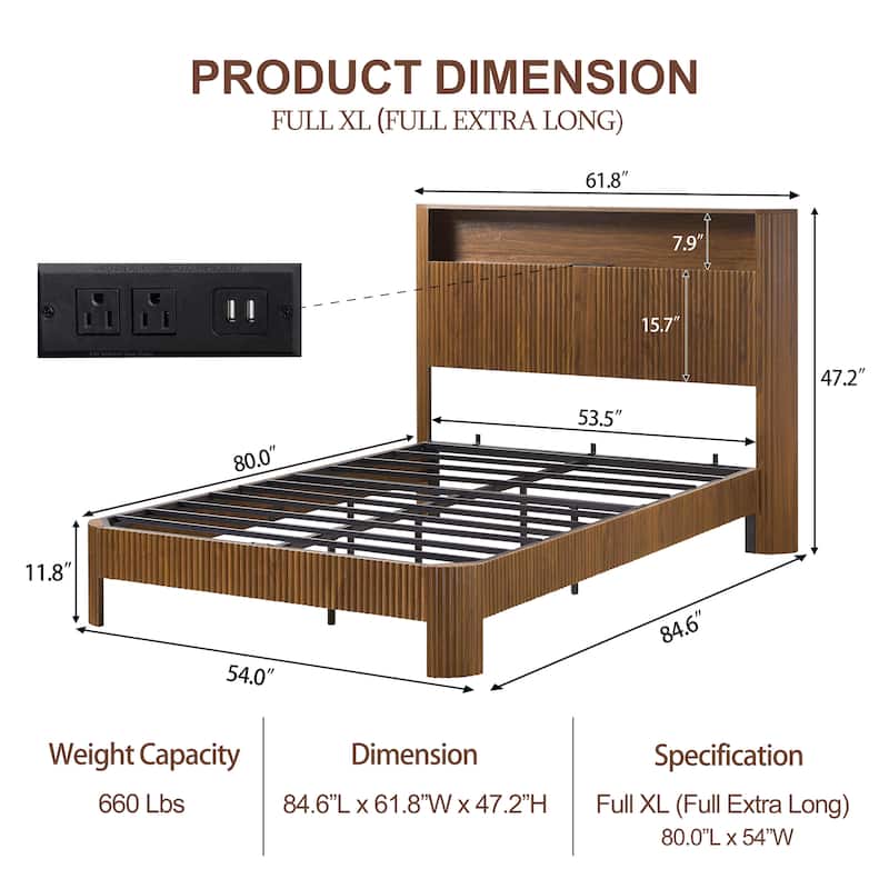 Full Extra Long(Full XL) Size Bed Frame With Storage Headboard, Built-In Charging Station, Wavy Curved Lines Design