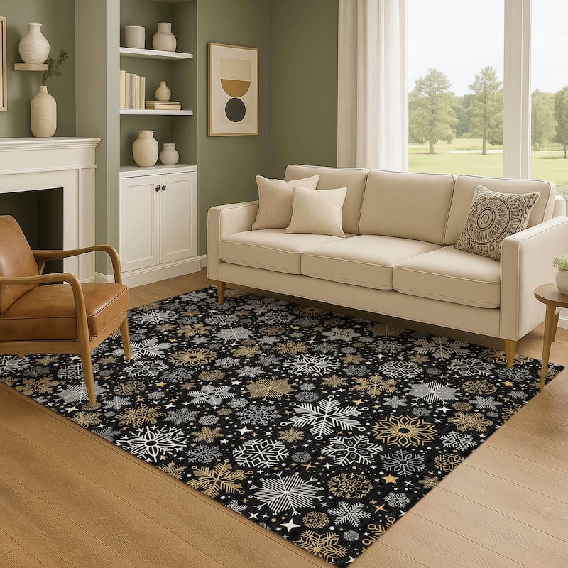 Premium Washable Super Soft Winter Snowflake Mayfield Rug - Black - 2'6" x 3'10"