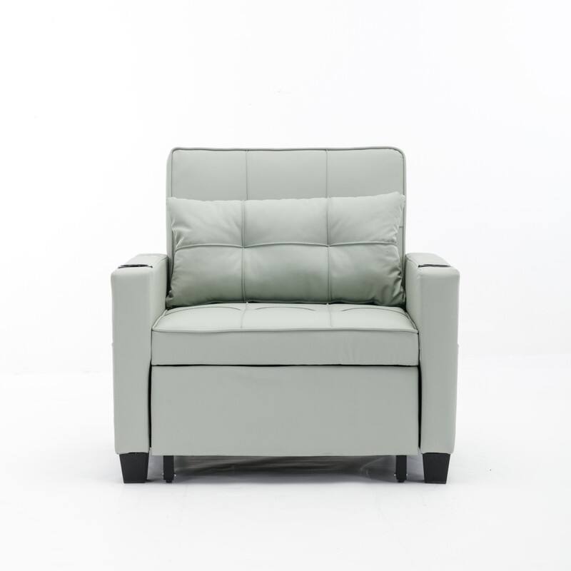 3-in-1 Convertible Sofa Chair,Pull Out Sleeper Chair with USB Ports and Cup Holders（Leather）