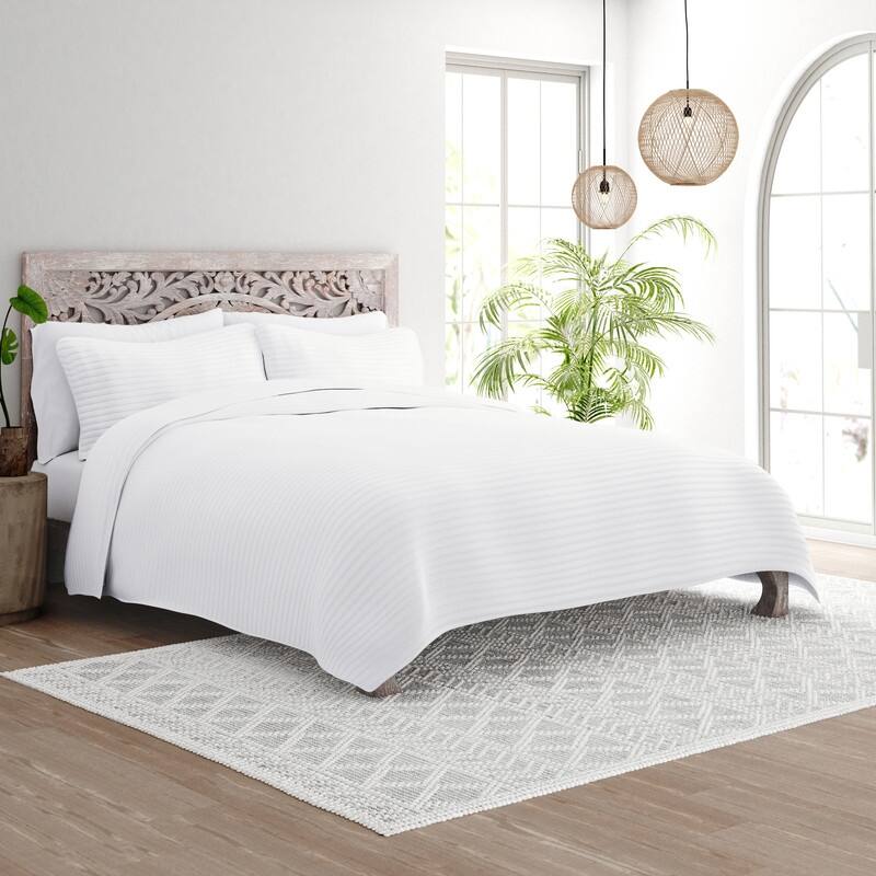 Soft Essentials All Season 3 Piece Stripe Stitch Quilt Set with Shams - White - King - Cal King