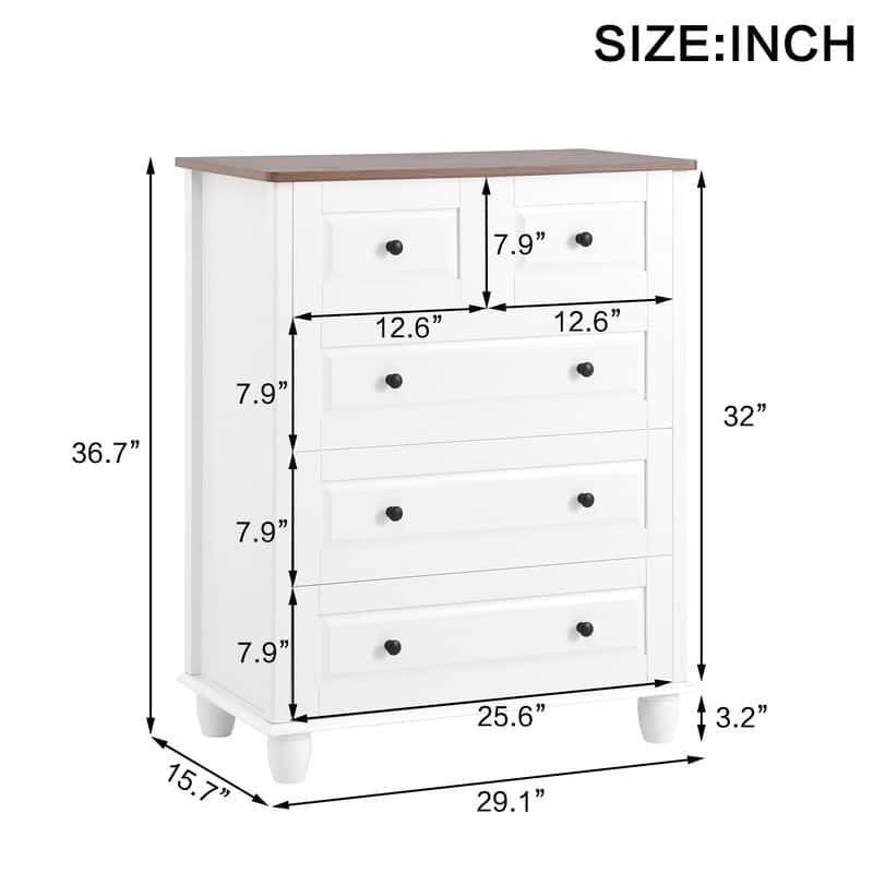 White Dresser with 5 Tall Chest of Drawers with Deep Space, Wood Storage Cabinet