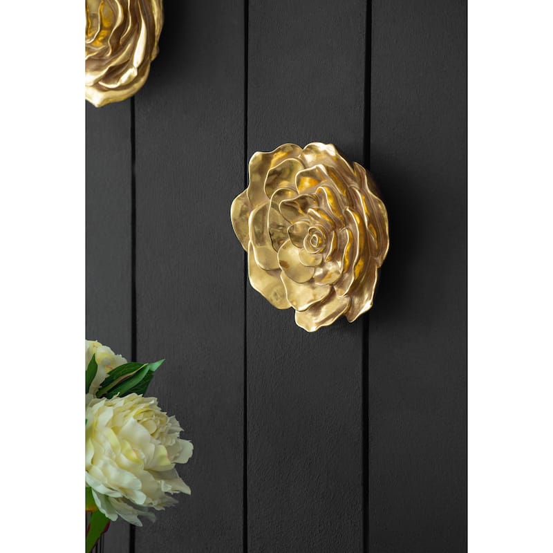 Contemporary Rose Hanging Wall Decor with Gold Resin Floral Sculpture, for Living Room Hallway Bedroom Office