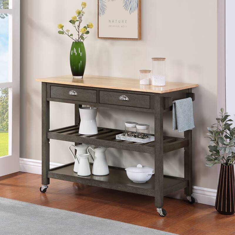 Convenience Concepts American Heritage 3 Tier Butcher Block Kitchen Cart with Drawers - Butcher Block/Wirebrush Dark Gray