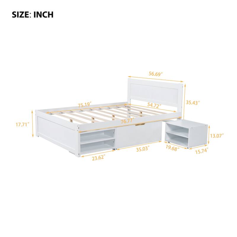 Full Size Wooden Platform Bed Frame with Drawer and Two Shelves, Ample Storage and Space-Saving Design, Bedroom Furniture