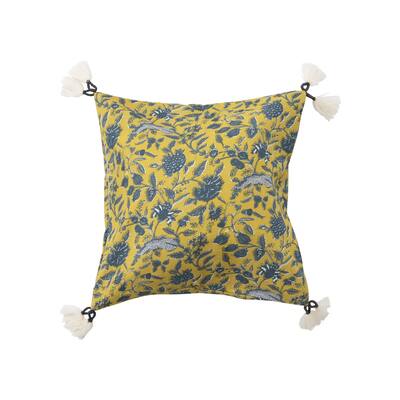 Cotton Pillow with Floral Pattern and Yarn-Wrapped Tassels