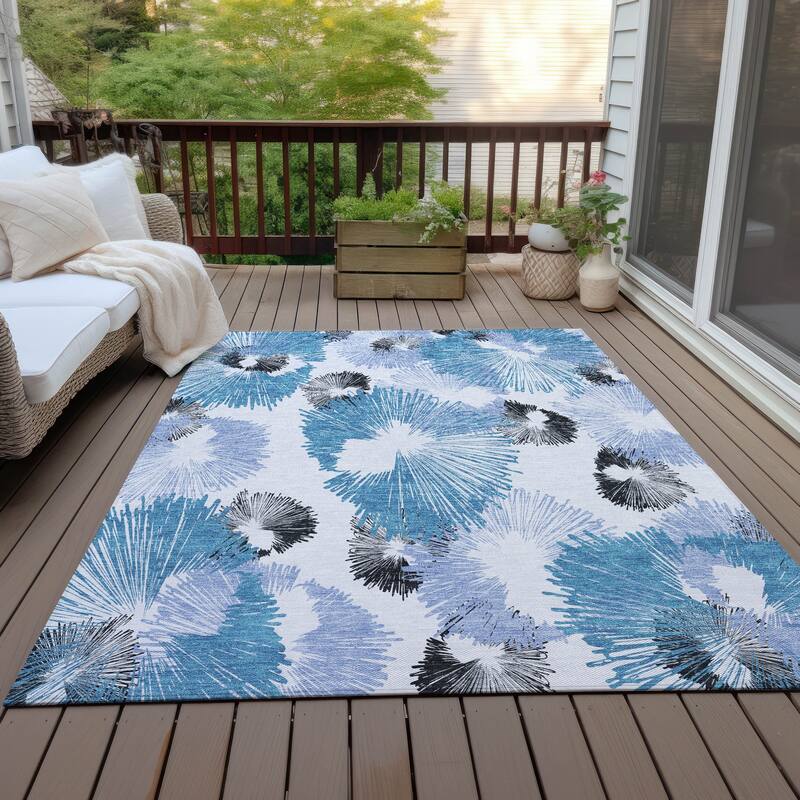 Machine Washable Indoor/Outdoor Modern Floral Chantille Rug - Blue - 10' x 14'