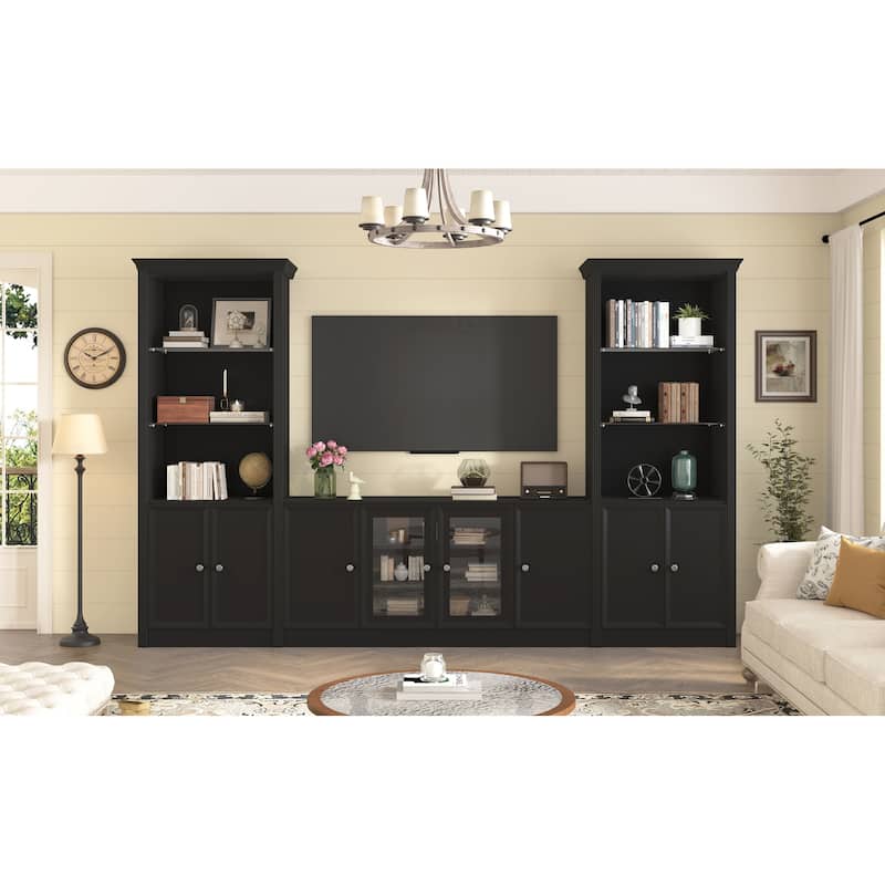 128" Wall Unit Entertainment Center with Bookshelves, Wood Media Console TV Storage Cabinets with Glass Doors for TVs up to 80"