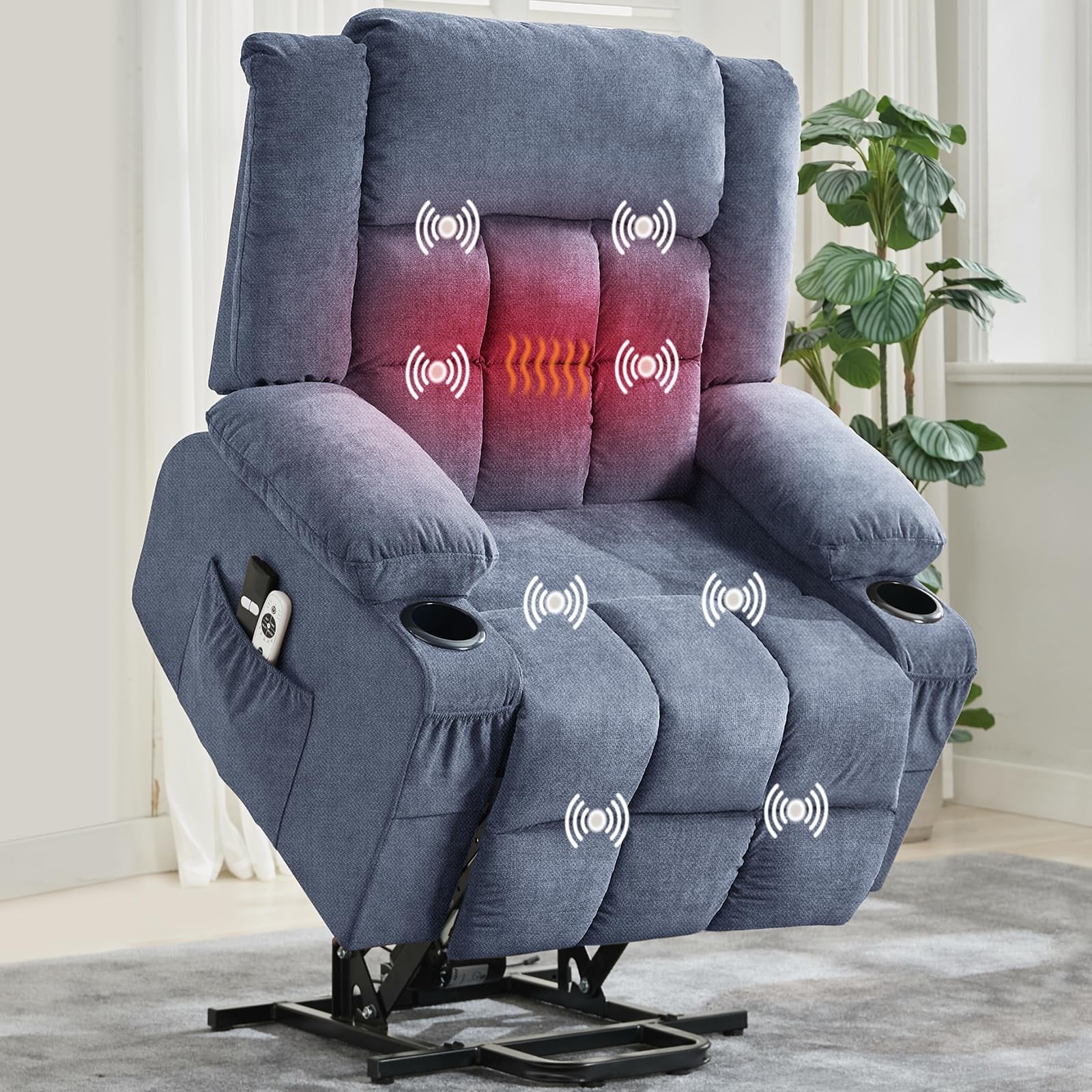 Power Lift Recliner Chair for Elderly with Heat, Massage, Cup Holders, USB Port & Side Pocket, Chenille Electric Sofa