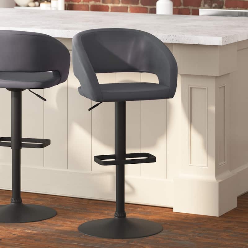 Modern Upholstered Adjustable Height Swivel Barstool with Footrest - Gray Vinyl/Black Frame