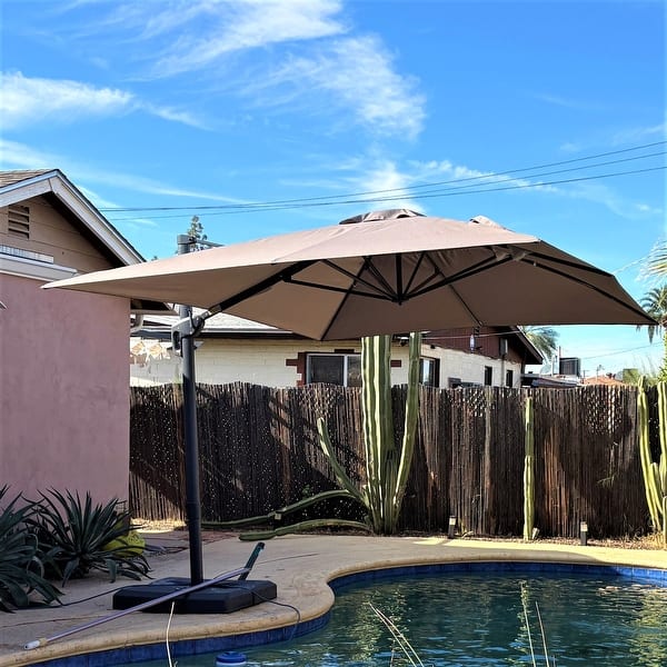 8 ft offset patio umbrella PURPLE LEAF 8' x 8' 240 GSM Excellent UV Protection Taupe saving solar panel for zero electricity nighttime illumination PURPLE LEAF Outdoor Umbrella 8'
