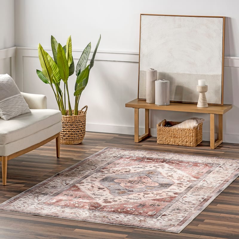 Nuloom Jenise SpinClean Traditional Medallion Machine Washable Area Rug - 5' x 8' - Beige - Rectangle