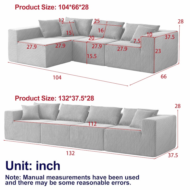 Anmytek 104-Inch Corduroy Modular L-Shaped Sectional Sofa 4PC Free Combination Luxury Foam-Filled