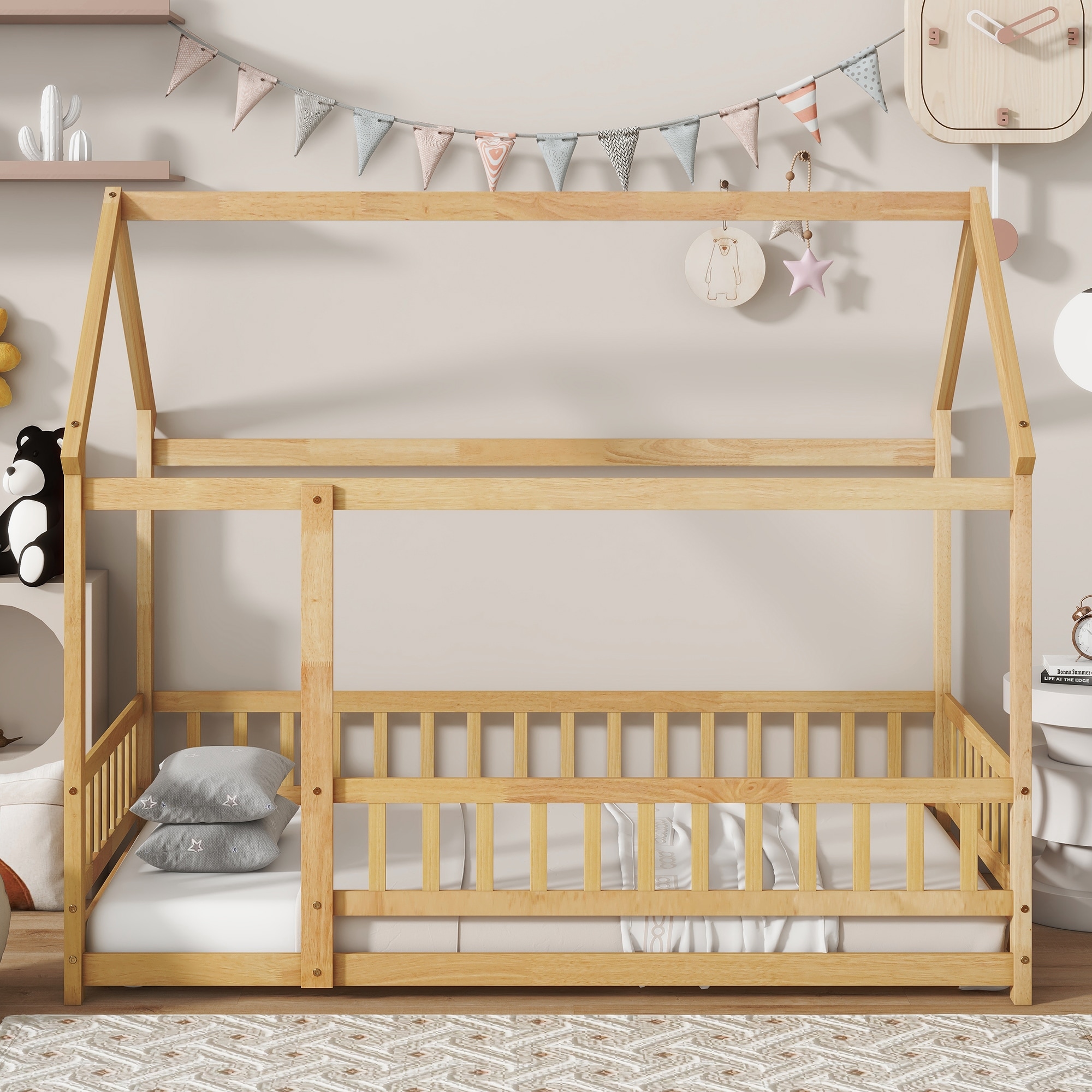 Twin Size House Floor Wooden Bed with Roof Frame, Safety Guardrails, Natural