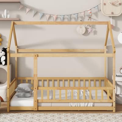 Twin Size House Floor Wooden Bed with Roof Frame,Safety Guardrails,Natural
