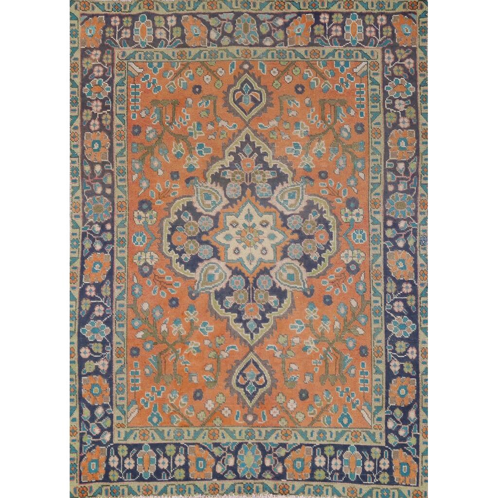Orange Tabriz Persian Vintage Rug Hand-Knotted Oriental Wool Carpet - 4'4" x 6'0"