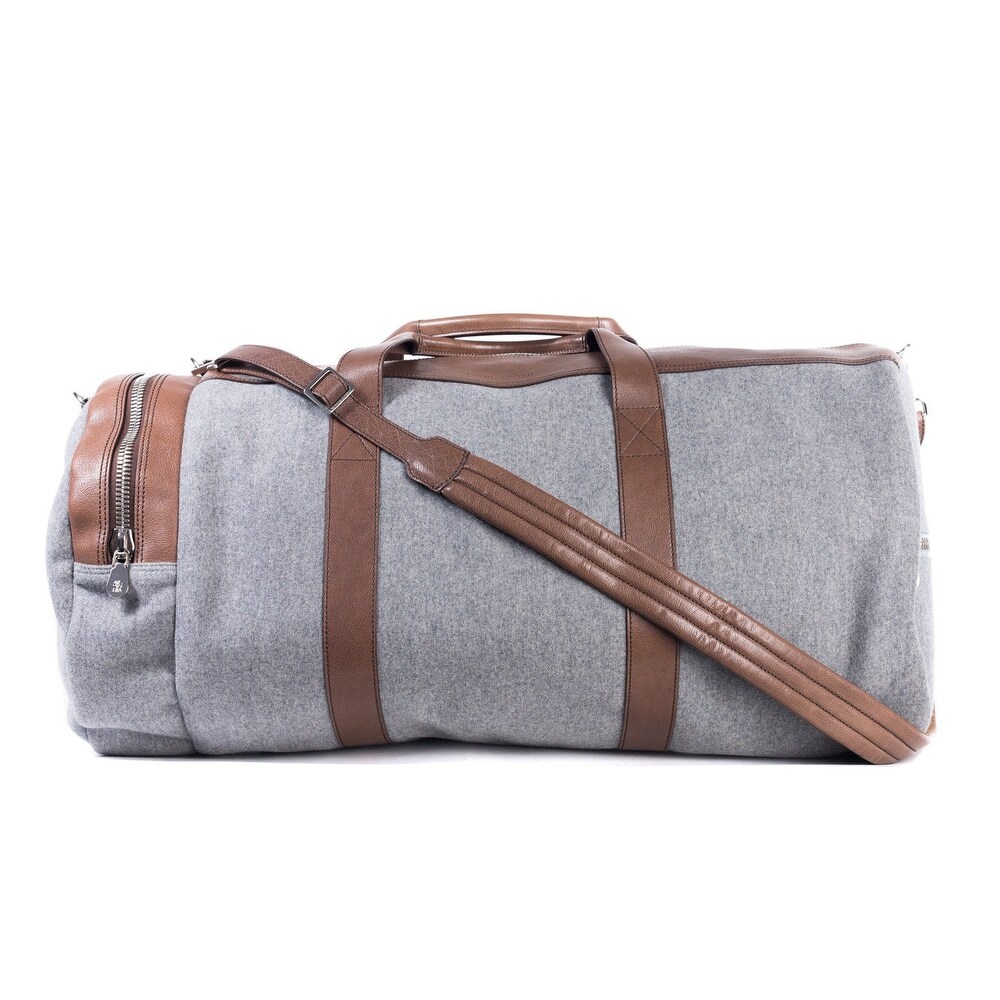 grey leather duffle bag