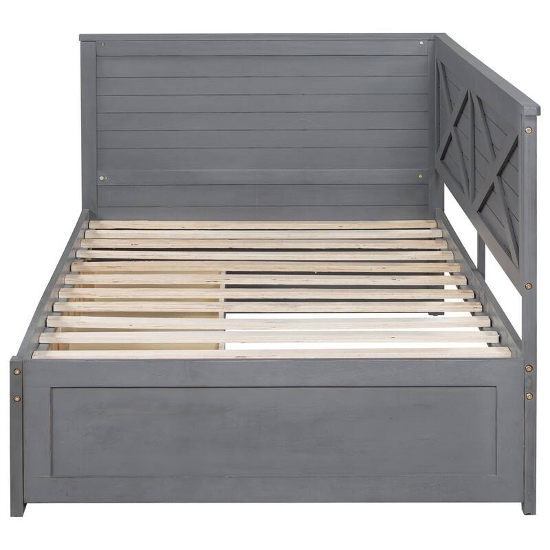 Twin Size Daybed with 2 Storage Drawers and Rustic Guardrail, Solid Wood Daybed Frame Sofa Bed with L-Shaped Headboard