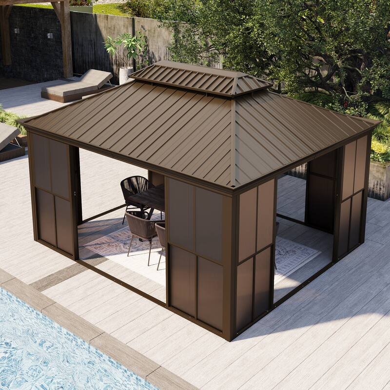 Hardtop Gazebo with Double Steel Roof, Sliding/Lockable Doors & Screens - All-Season Rustproof Aluminum Frame，Advanced Drainage