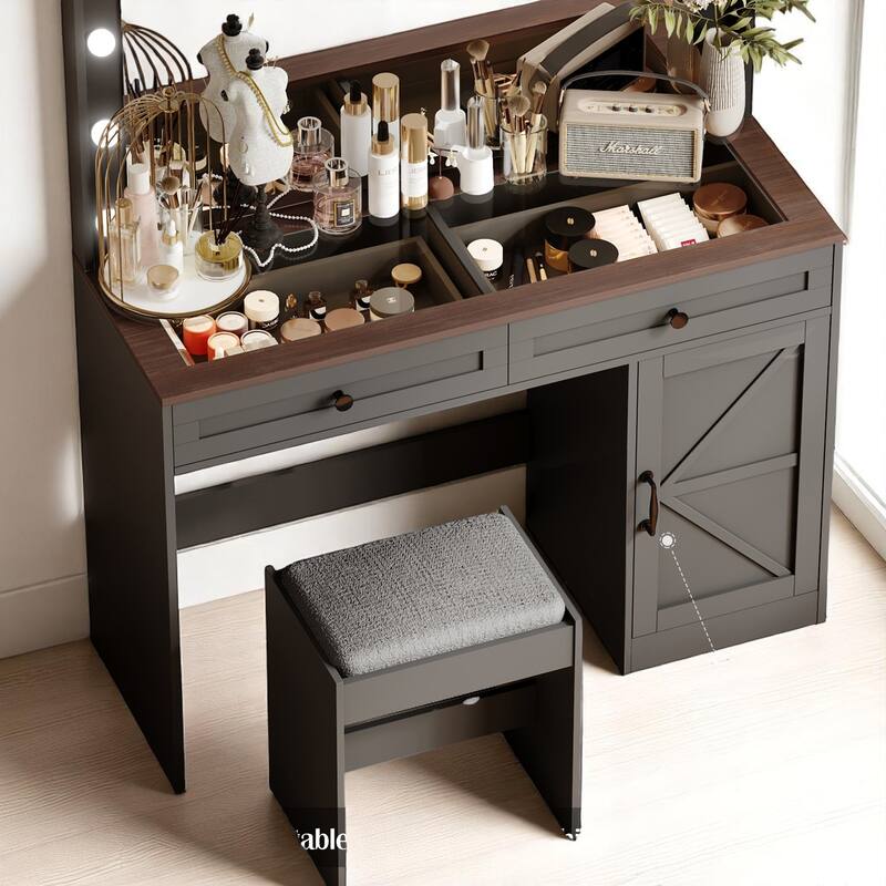 43.4" Makeup Vanity Table with LED Mirror & Stool - 3 Drawers, Adjustable Brightness, Dressing Desk