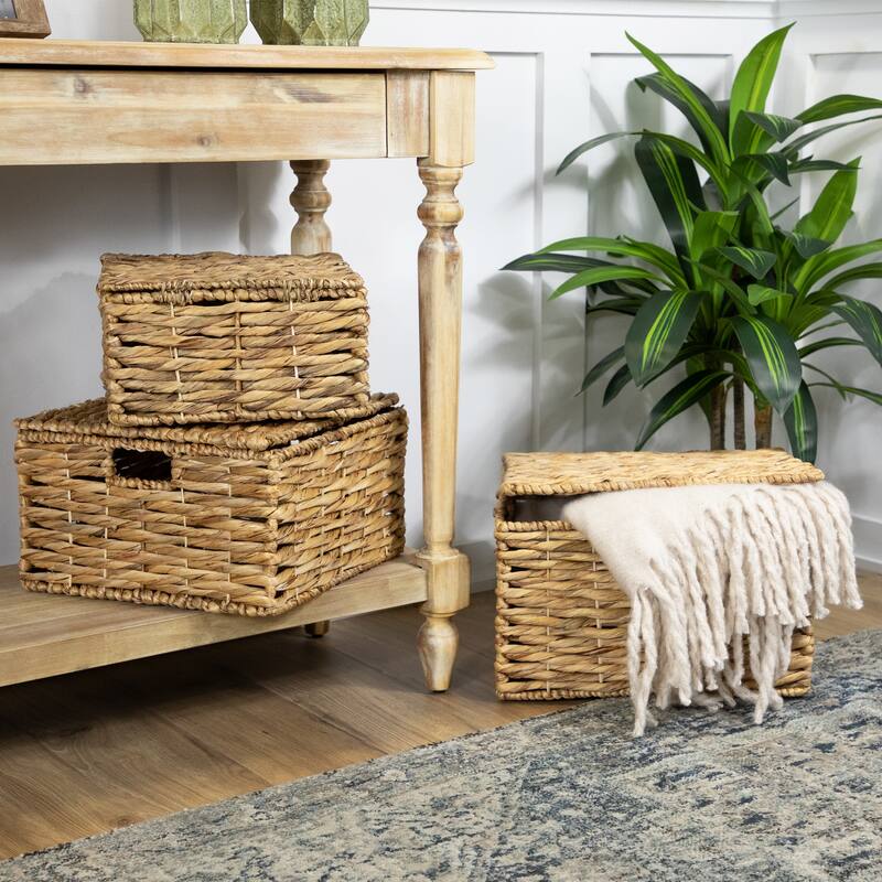 Set of 3 Camel Beige Woven Water Hyacinth Lidded Square Storage Baskets 15.5" - 15.5