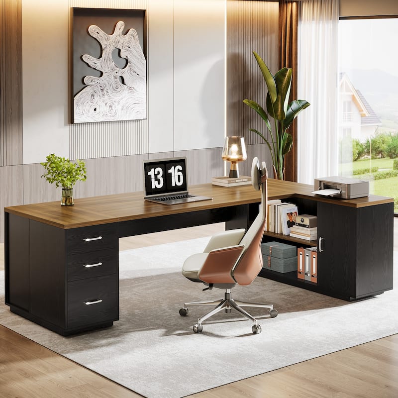 85.8" L-Shaped Executive Desk, Extra Large Office Desk with File Drawers - Black and Brown
