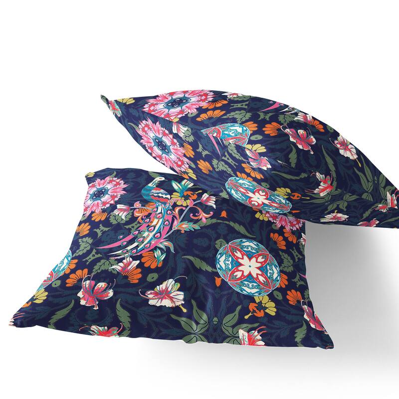 HomeRoots Set of Two 16" X 16" Blue and Pink Peacock Blown Seam Eclectic Indoor Outdoor Throw Pillow - 16.00' X '16.00' X '5.00