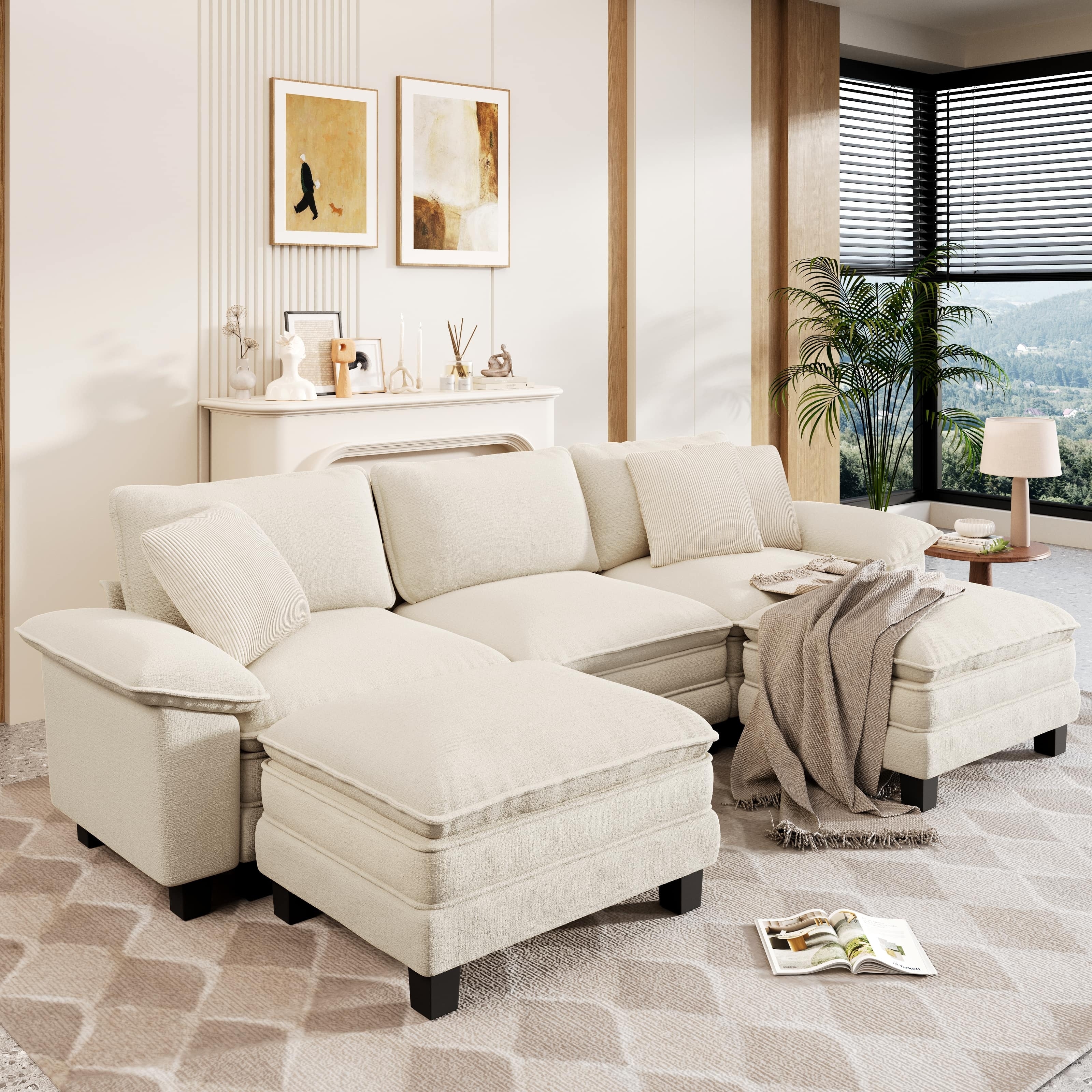 MAISON ARTS Modular Cloud Sectional Sofa, Comfy L- or U-Shaped Couch with Ottomans & Pillows, 4–6 Seat Living Room Sofa