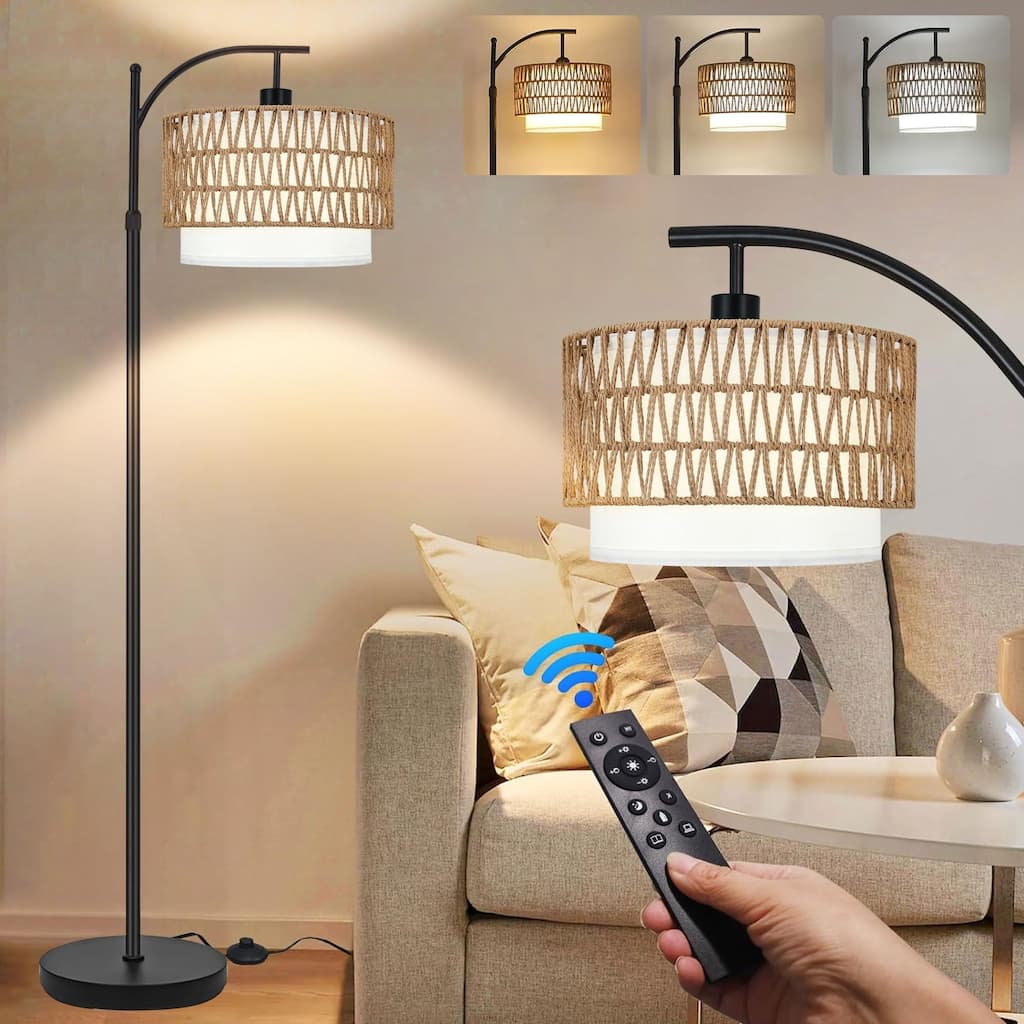 Arc Floor Lamp with 3 Color Temperatures,Rattan with Remote Control,Black Dimmable Standing Lamp with Wicker Lamp Shades