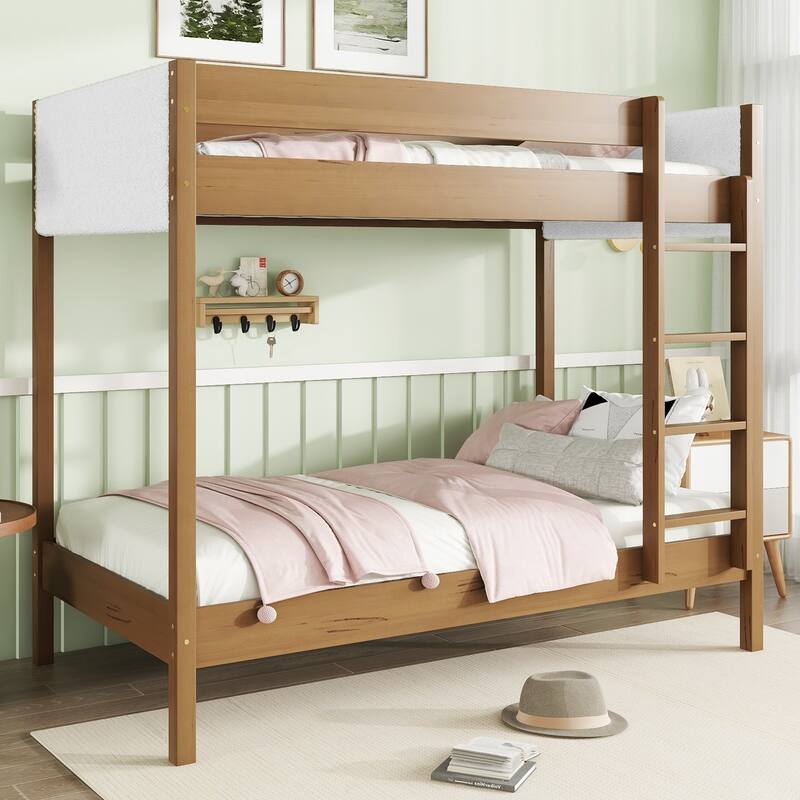 Natural Bunk Bed Twin Over Twin Size Bed Frame with Ladder, Guardrails, Teddy Fleece Fabric Headboard and Footboard