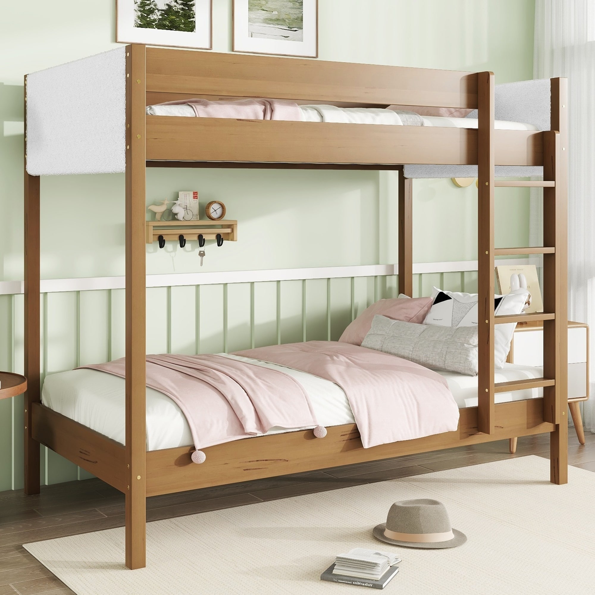 Twin Over Twin Bunk Bed with Boucle Upholstered Headboard and Footboard,Ladder, Safety Guardrails,Rubber Wooden Bunk Bed
