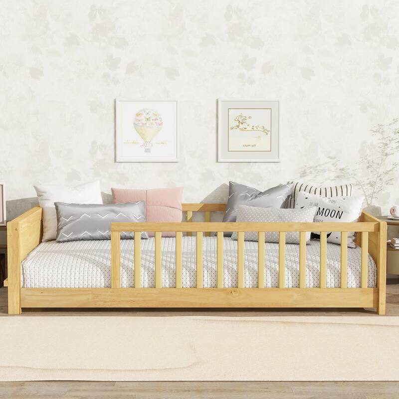 Twin Size Floor Platform Bed with Built-in Book Rack - Natural