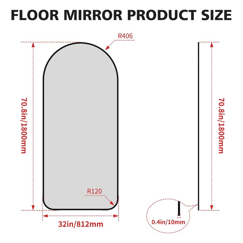 32 Inch Arch Framed Freestanding Full Length Mirror in Black - 32" x 71" in.