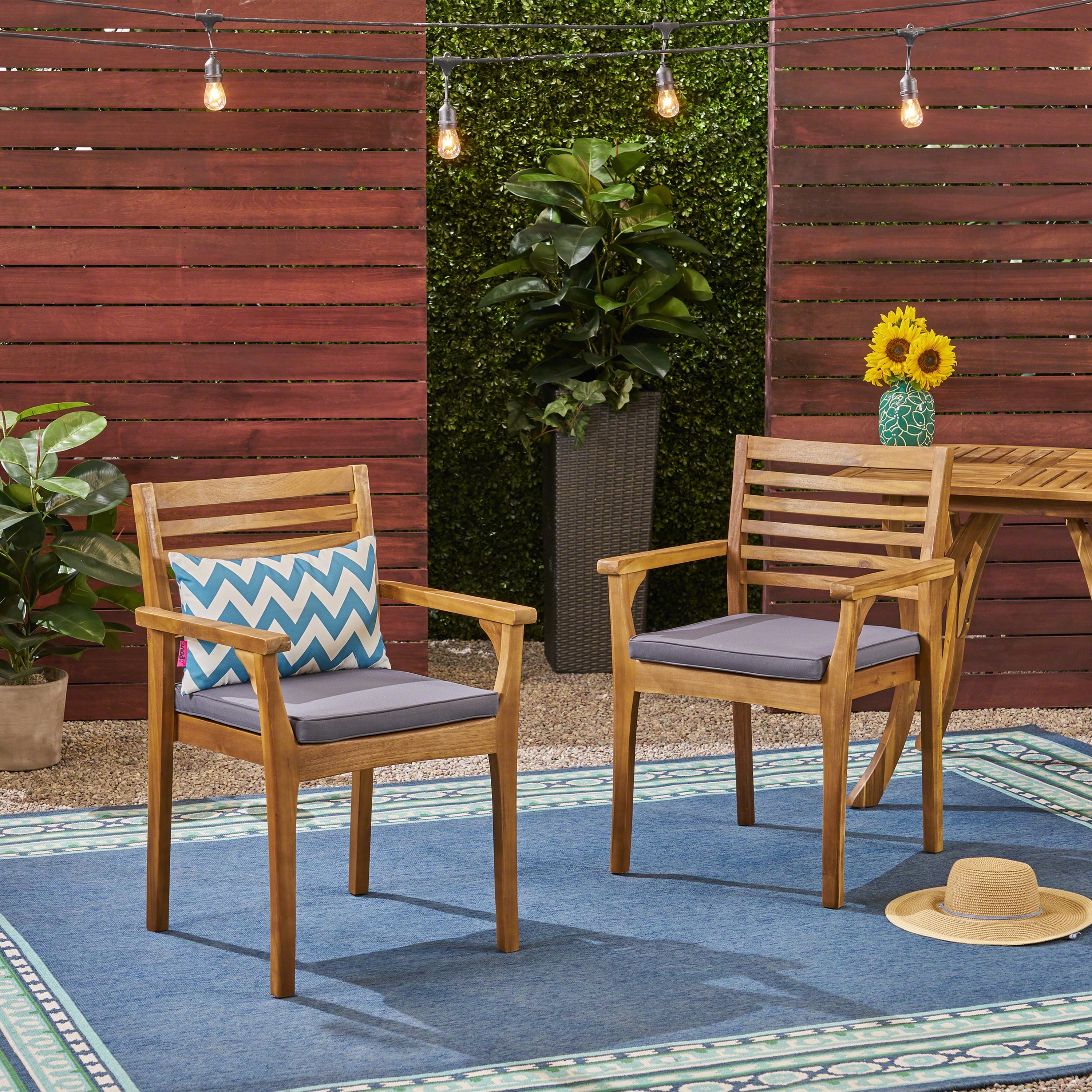 Roomfitters 2-Piece Outdoor Dining Chairs, Acacia Wood and Wicker Hybrid Seating with Water-Resistant Cushions