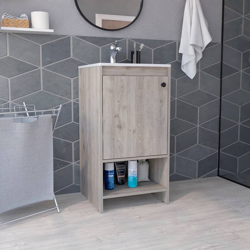 Bathroom Vanity with One Cabinet and Two Shelves, Light Gray, Ideal for Small Spaces and Powder Rooms - 17.7in L Particle Board - 17.7in L Gray