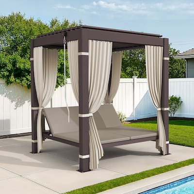 Outdoor Patio Daybed With Canopy, Double Chaise Lounge Sunbed With Adjustable Seats, Aluminum Outdoor Patio Sunbed For Garden
