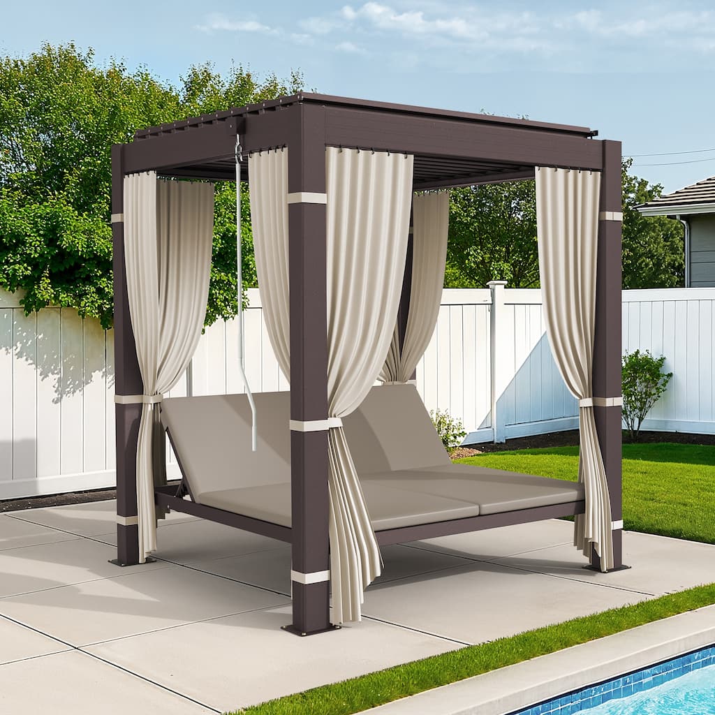 Outdoor Patio Daybed With Canopy, Double Chaise Lounge Sunbed With Adjustable Seats, Aluminum Outdoor Patio Sunbed For Garden