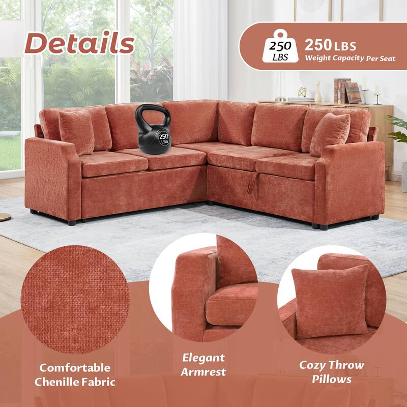 L-Shaped Sectional Upholstered Sleeper Sofa Convertible Pull-out Sofa Bed with Hidden Storage Space, Chenille Fabric