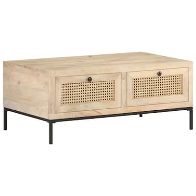 vidaXL Coffee Table 35.4"x19.7"x14.6" Solid Mango Wood and Natural Cane - 35.4" x 19.7" x 14.6"