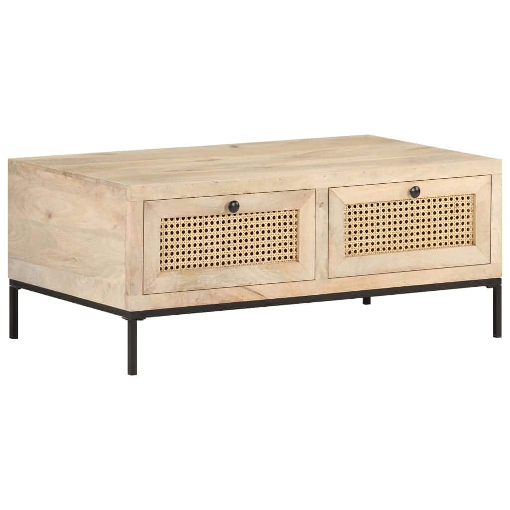 vidaXL Coffee Table 35.4"x19.7"x14.6" Solid Mango Wood and Natural Cane - 35.4" x 19.7" x 14.6"