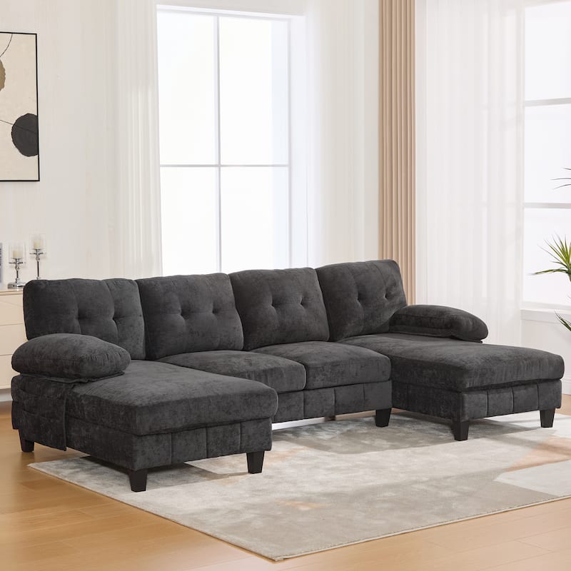 Anmytek 103.5"Chenille U-Shaped Sectional Sofa with Dual Chaise Lounges, Storage Pockets & Armrest Pillows - Black
