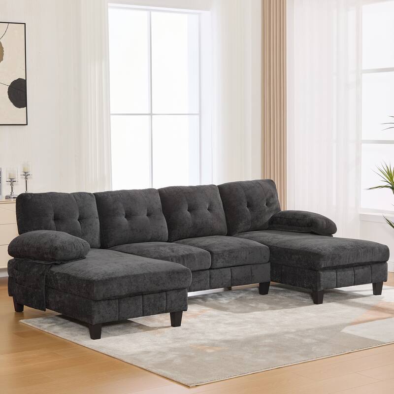 U-shaped Sectional Sofa, Chenille Fabric, Dual Chaise Lounges, Storage Pockets, Armrest Pillows, Black