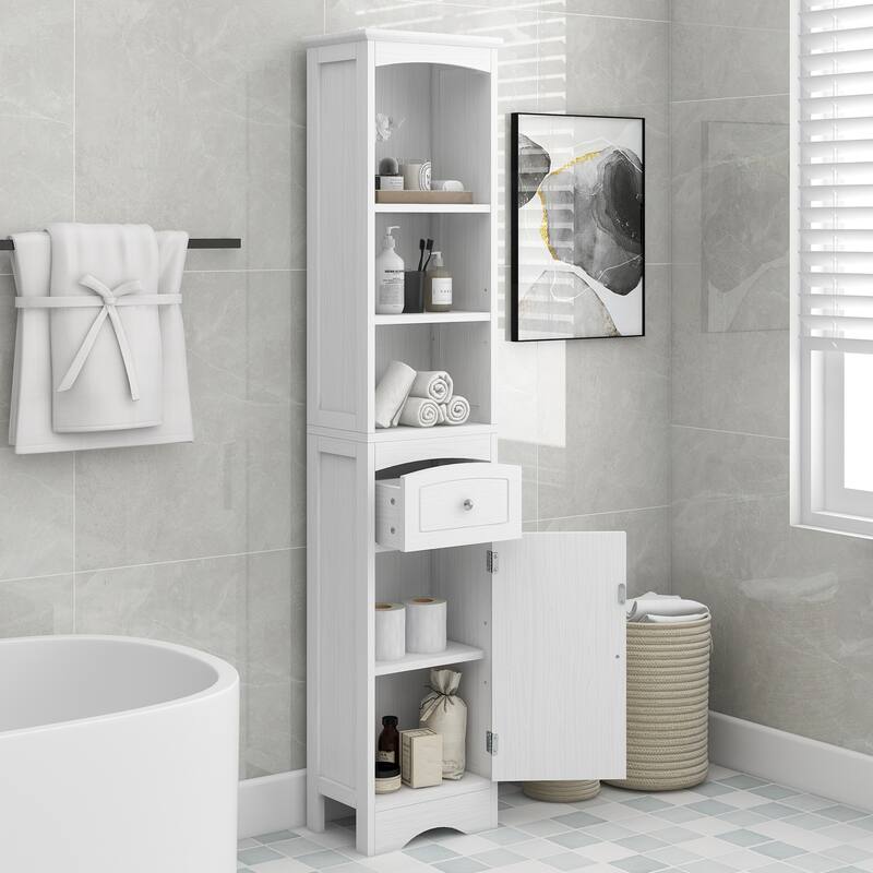 GDFStudio - Tall Bathroom Wooden Storage Cabinet, Freestanding with Drawer, Adjustable Shelf