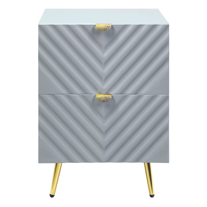 Grey High Gloss 2-Drawer Nightstand with Wave Design and Metal Legs
