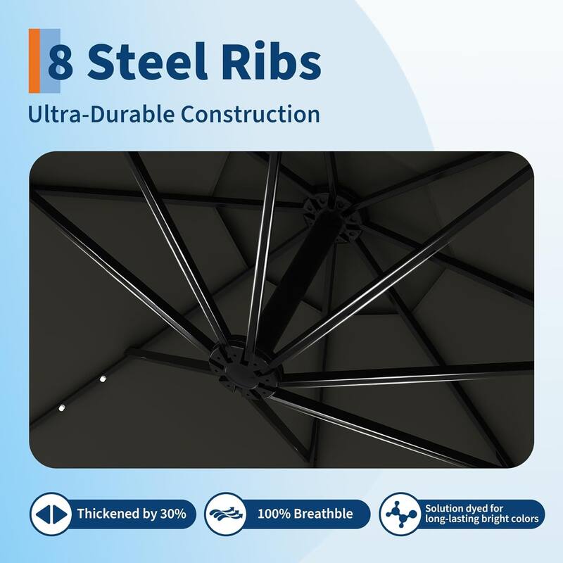 10ft Solar Lights Offset Patio Umbrella, Cantilever Umbrella with Easy Lift & Tilt Adjustment, 8 Ribs Sun Umbrella UV